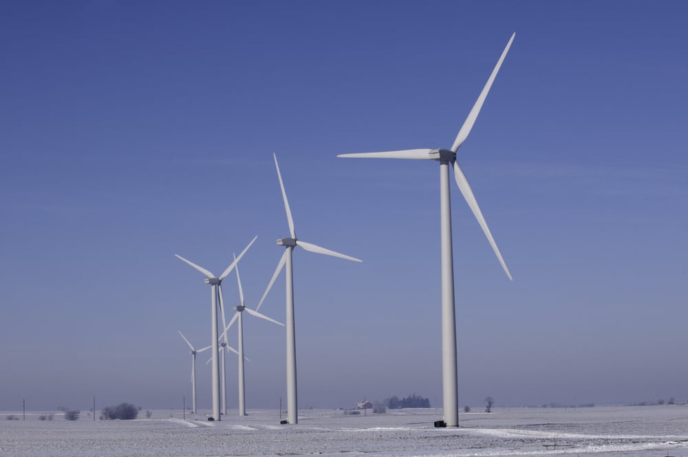 Wind turbines in rural Illinois in winter